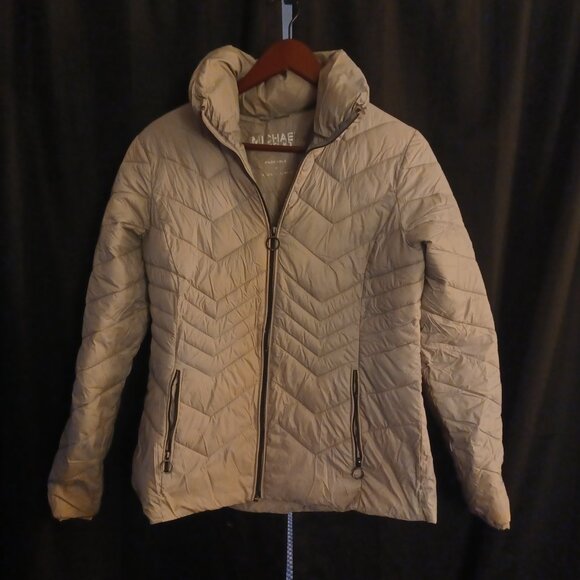 MICHAEL Michael Kors Beige Satin Specks Chevron Puffer Women's Jacket Small - Picture 2 of 6